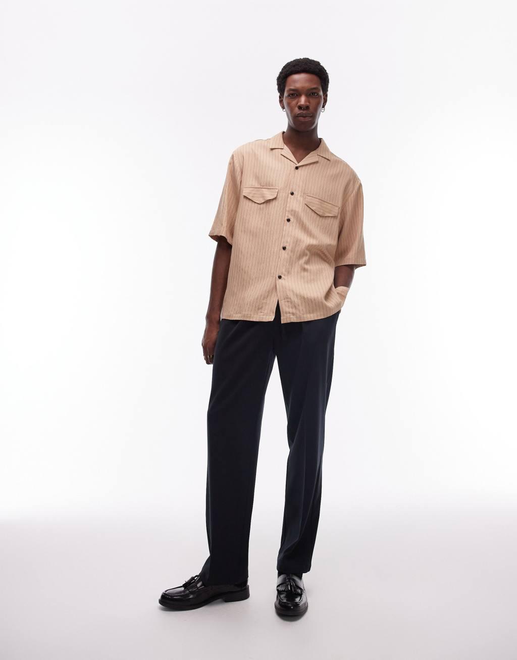 Topman short sleeve relaxed revere double pocket striped shirt in camel Product Image