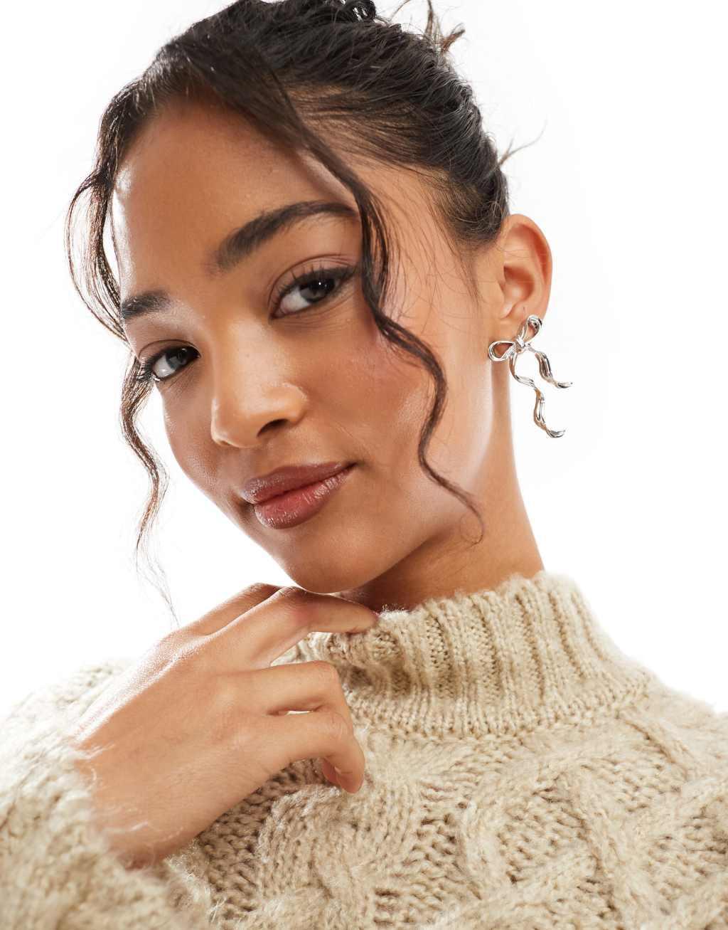 Bershka high neck chunky sweater in sand Product Image