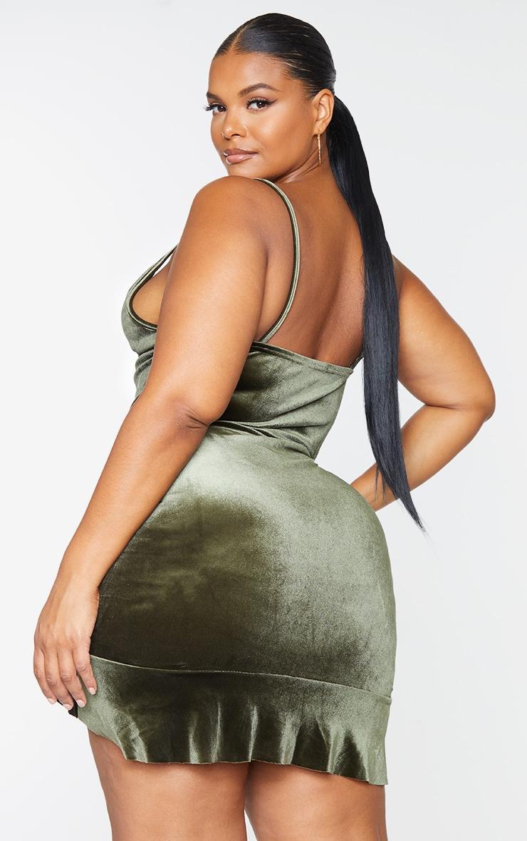 Plus Olive Velvet Strappy Ruched Frill Hem Bodycon Dress Product Image