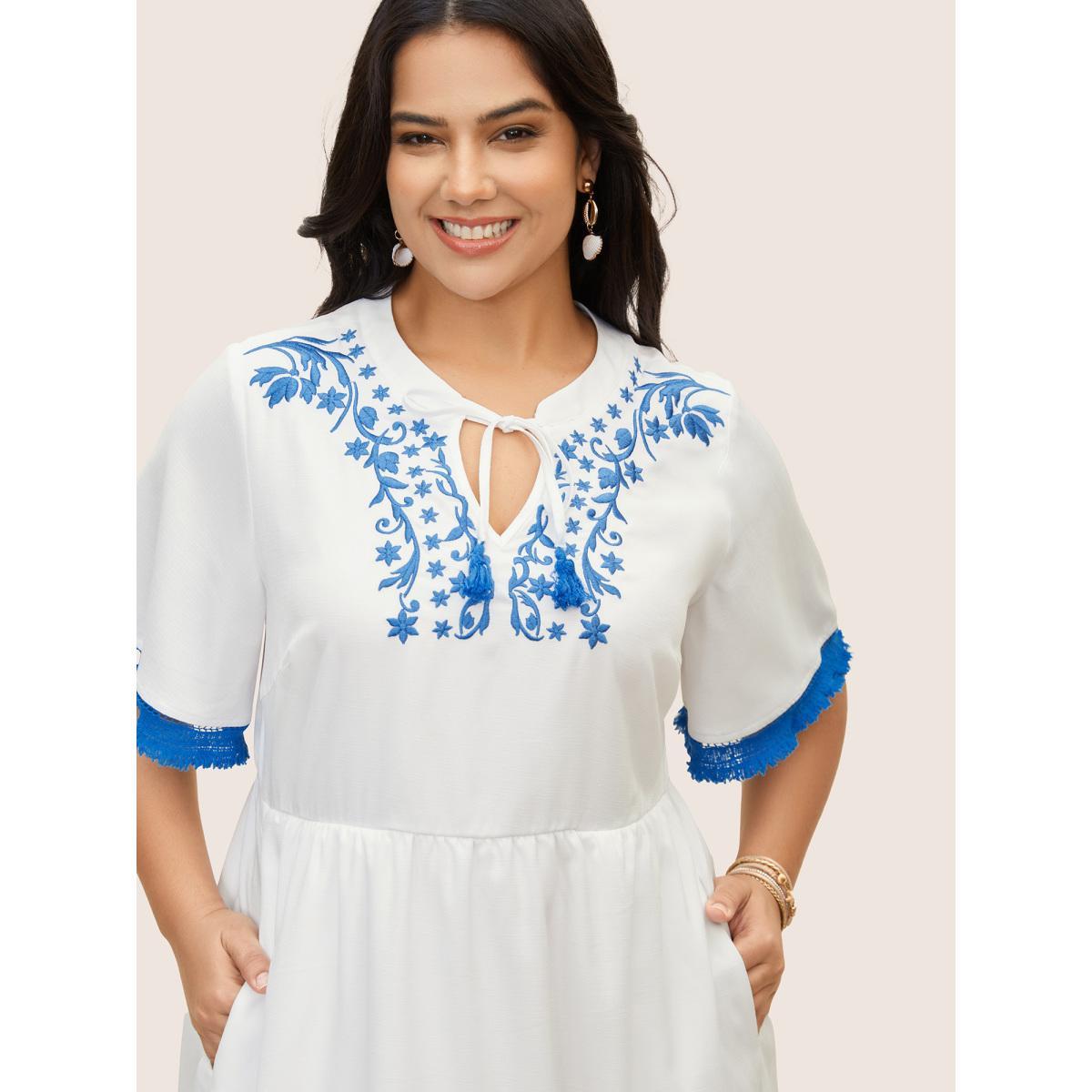 Plus Size Boho Print Embroidered Tassel Trim Midi Dress White Women Elegant Woven ribbon&lace trim Flat collar with V-notch Half Sleeve Curvy BloomChic 22-24/3X Product Image