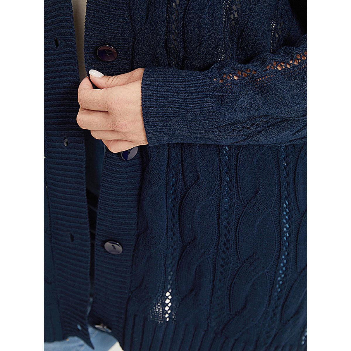 Plus Size Plain Button Up Cable Knit Split Side Cardigan Indigo Women Casual Loose Long Sleeve Everyday Cardigans BloomChic 28/5X Product Image