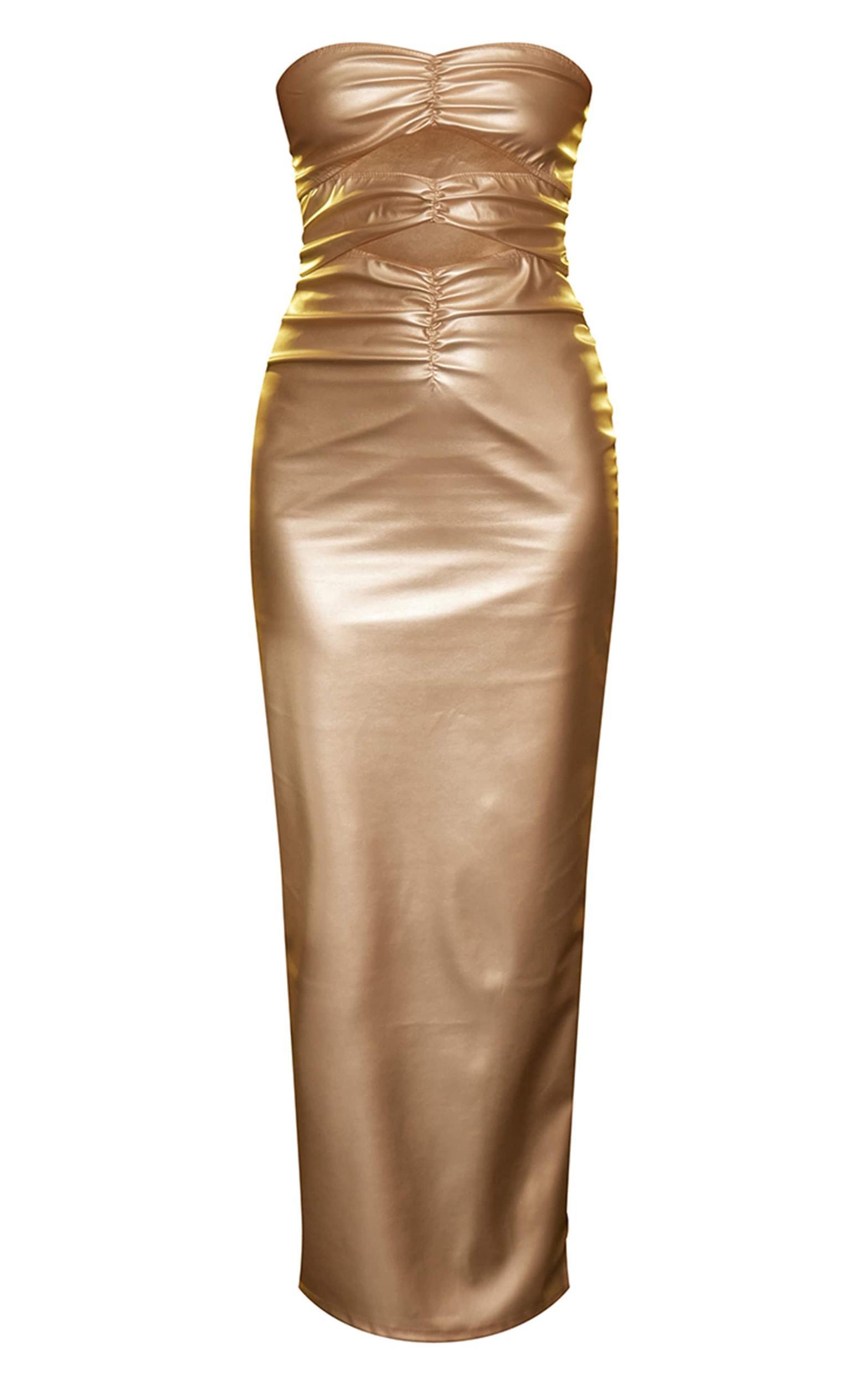 Gold Pu Ruched Cut Out Detail Maxi Dress Product Image