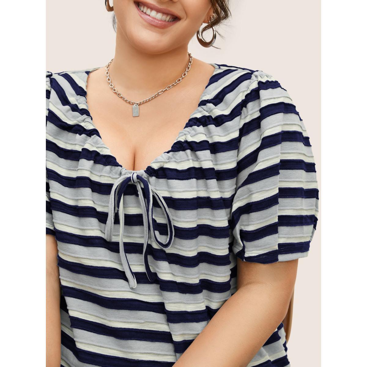 Plus Size V Neck Textured Striped Tie Knot T-shirt Midnight Women Casual Texture V-neck Everyday T-shirts BloomChic 30/6X Product Image
