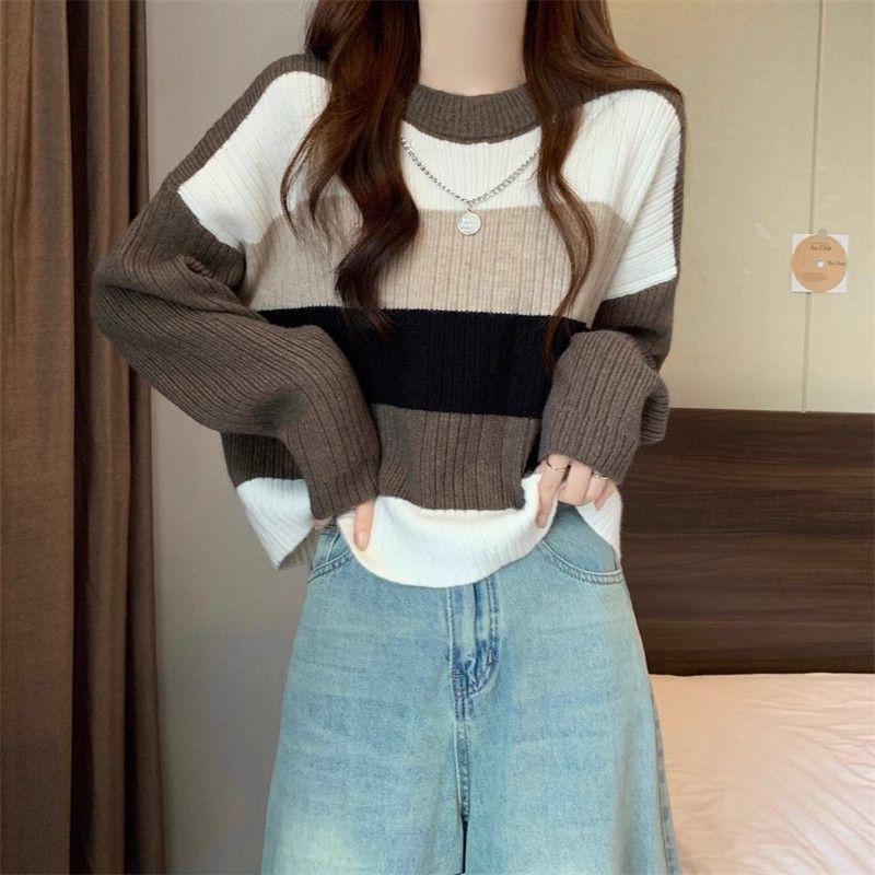 Drop Shoulder Round Neck Striped Crop Sweater Product Image