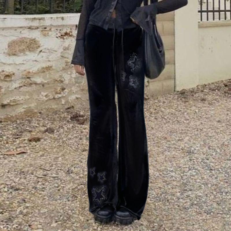 Low Waist Star Rhinestone Velvet Straight-Fit Wide-Leg Pants Product Image