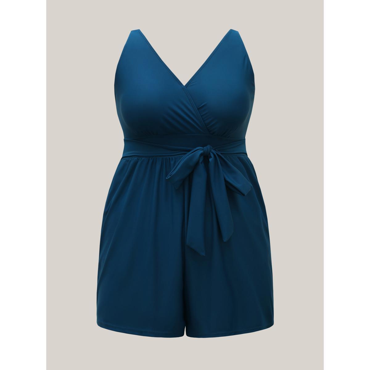 Plus Size Surplice Neckline Belted Plain One-Piece Swimsuit Women's Swimwear Plum Beach Tie knot Curve Bathing Suits High stretch One Pieces BloomChic 14-16/1X Product Image