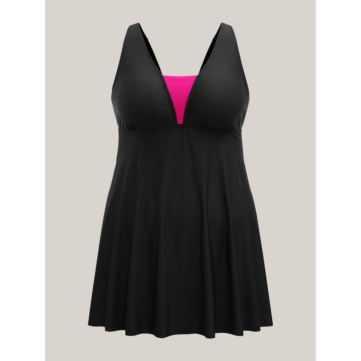 Plus Size V Neck Color Contrast Swim Dress Women's Swimwear Black Beach Bodycon V-neck High stretch Curve Swim Dresses BloomChic 26/4X Product Image