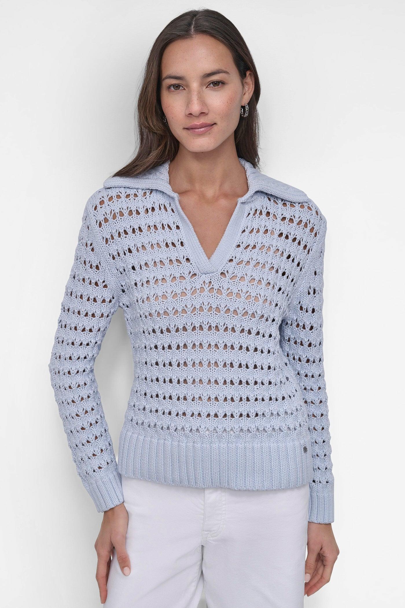 LONG SLEEVE OPEN POINTELLE STITCH POLO COLLAR SWEATER Product Image