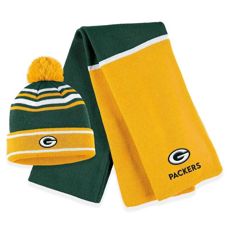 Women's WEAR by Erin Andrews Green Green Bay Packers Colorblock Cuffed Knit Hat with Pom and Scarf Set Product Image