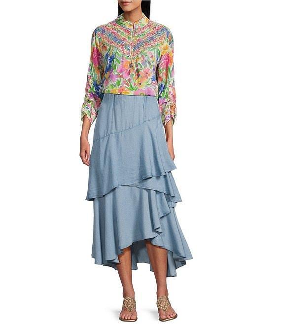 John Mark Watercolor Floral Print Ruffle Neck 3/4 Cinched Tie Sleeve Top Product Image