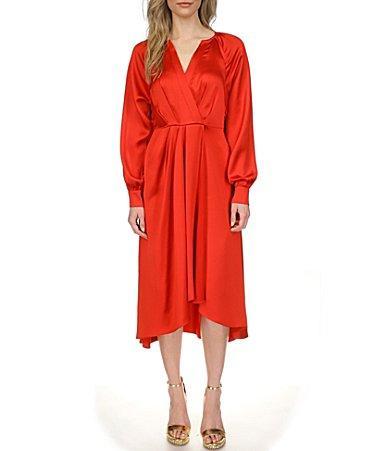 Womens Satin Faux-Wrap Midi-Dress Product Image
