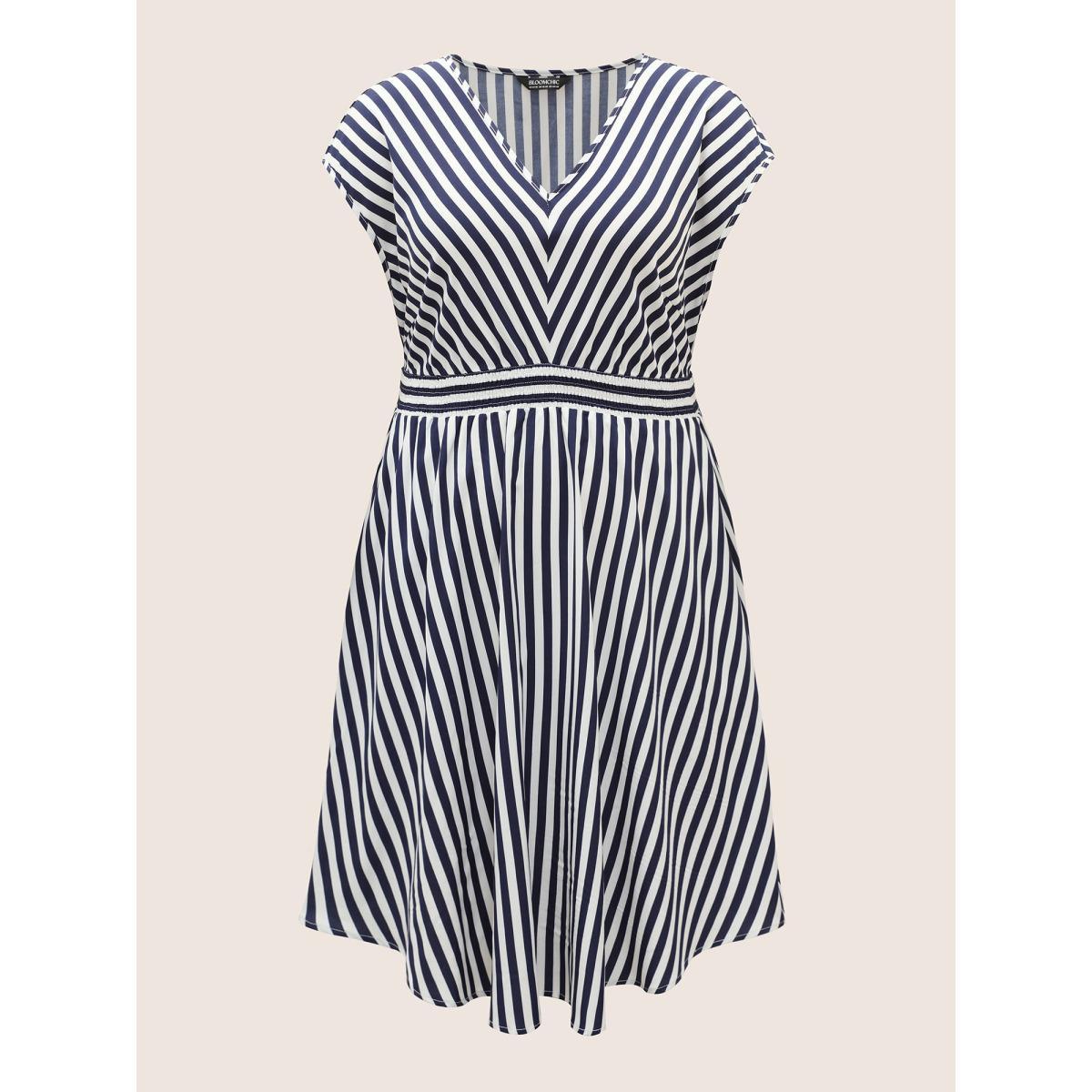 Plus Size Striped Shirred Dolman Sleeve Dress Navy Women At the Office V-neck Cap Sleeve Curvy BloomChic 26/4X Product Image