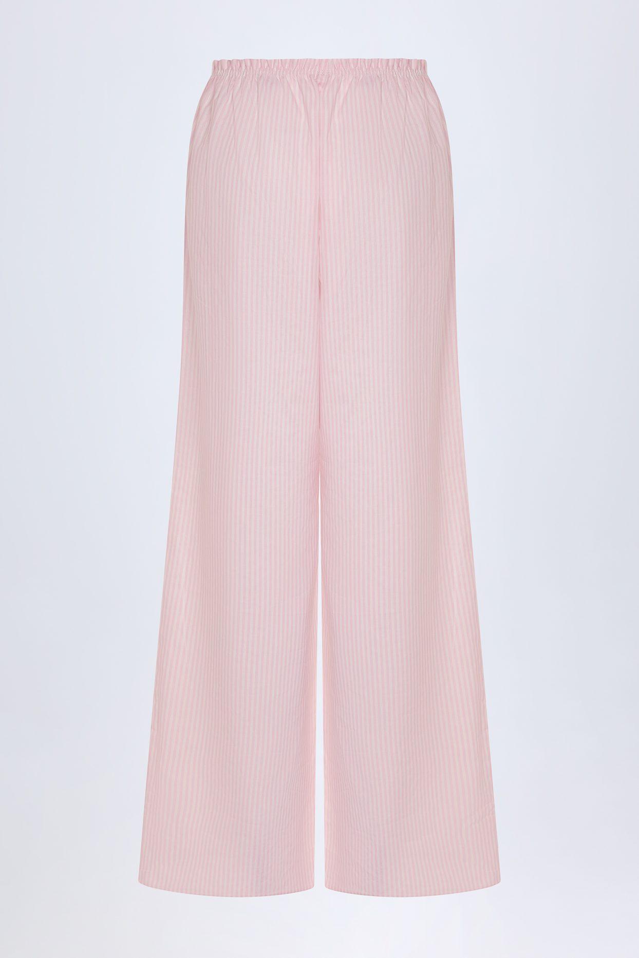 Wide-Leg Cotton-Poplin Trousers in Pink & White Stripe Product Image
