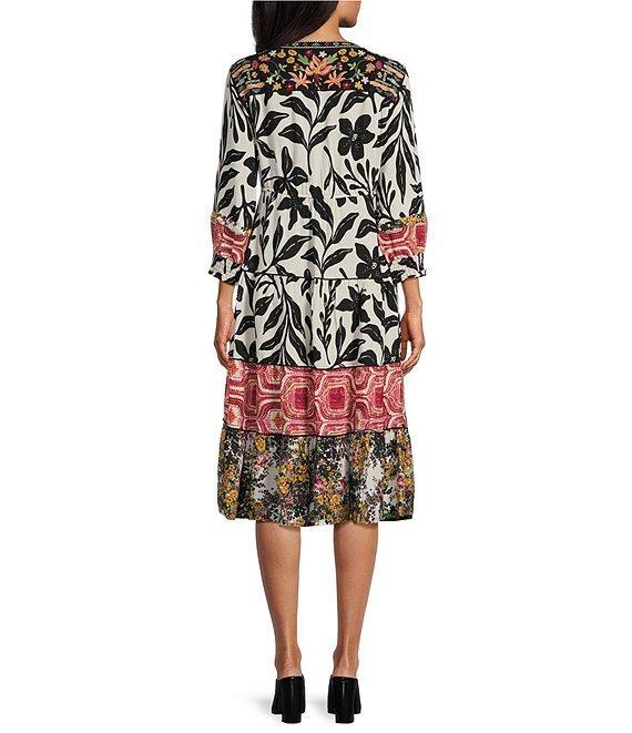 John Mark Mixed Print Y-Neck Button-Cuff 3/4 Sleeve Tiered Dress Product Image