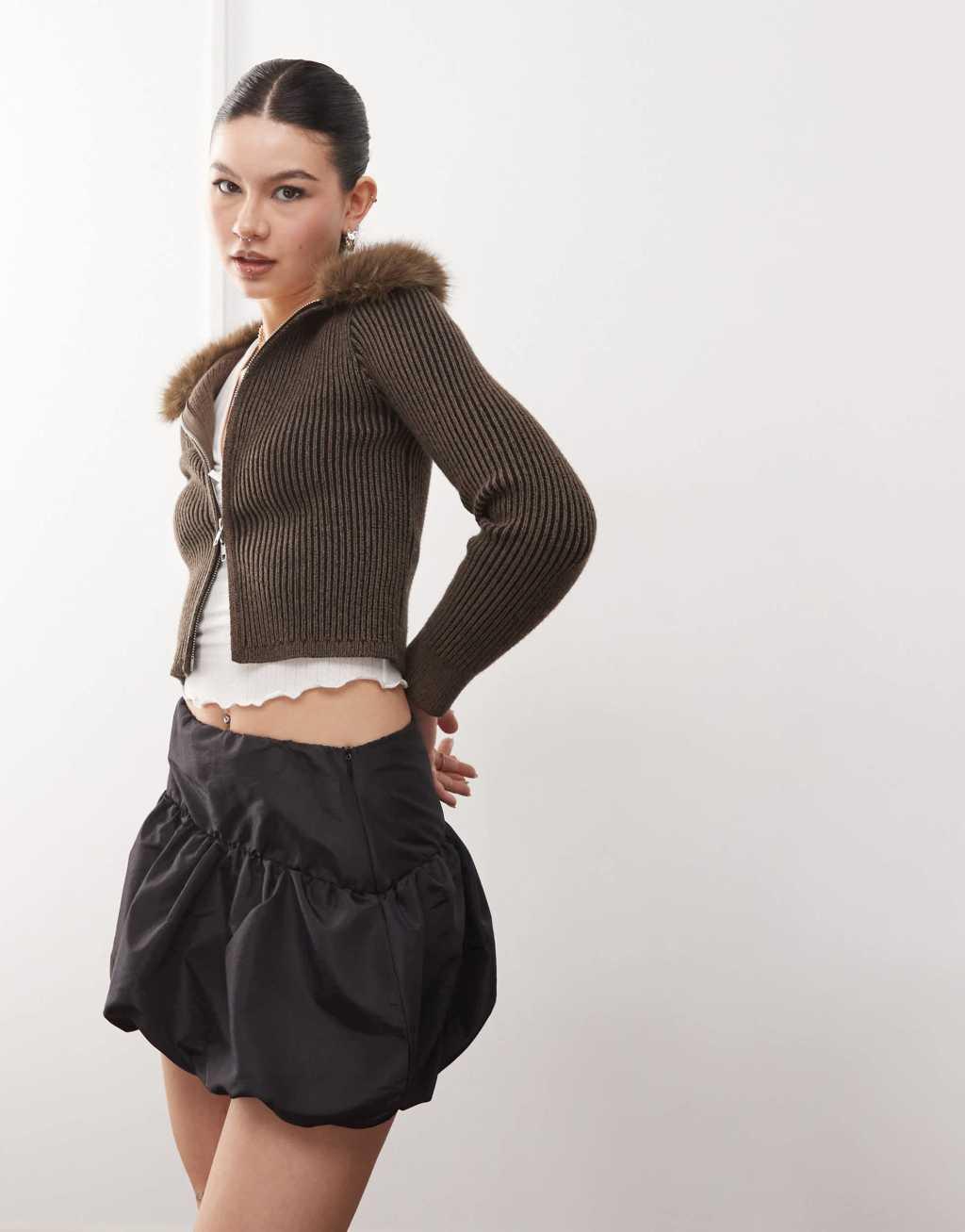 Reclaimed Vintage puffball mini skirt in taffeta in black  Product Image