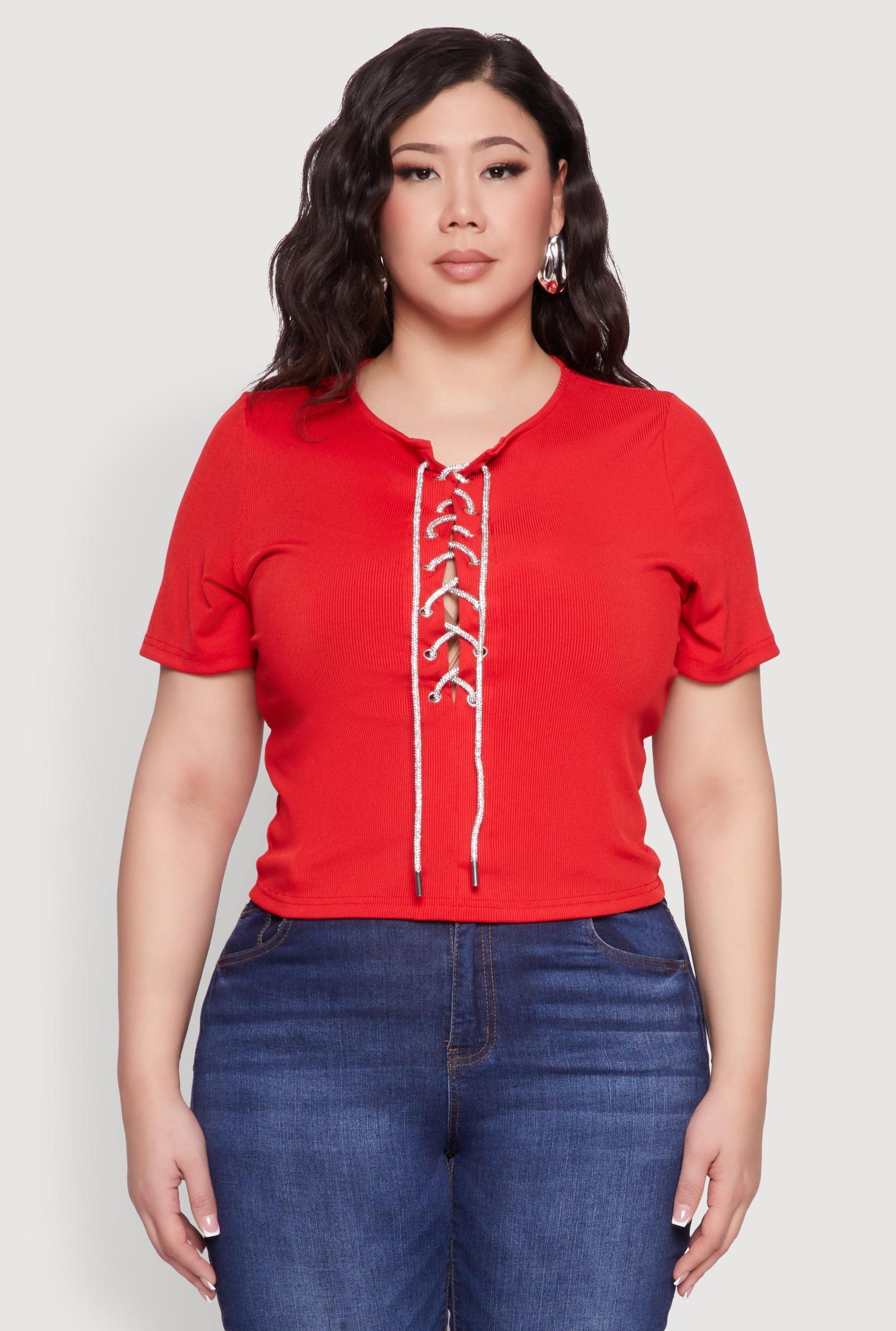Womens Plus Size Rhinestone Lace Up Short Sleeve Top Product Image