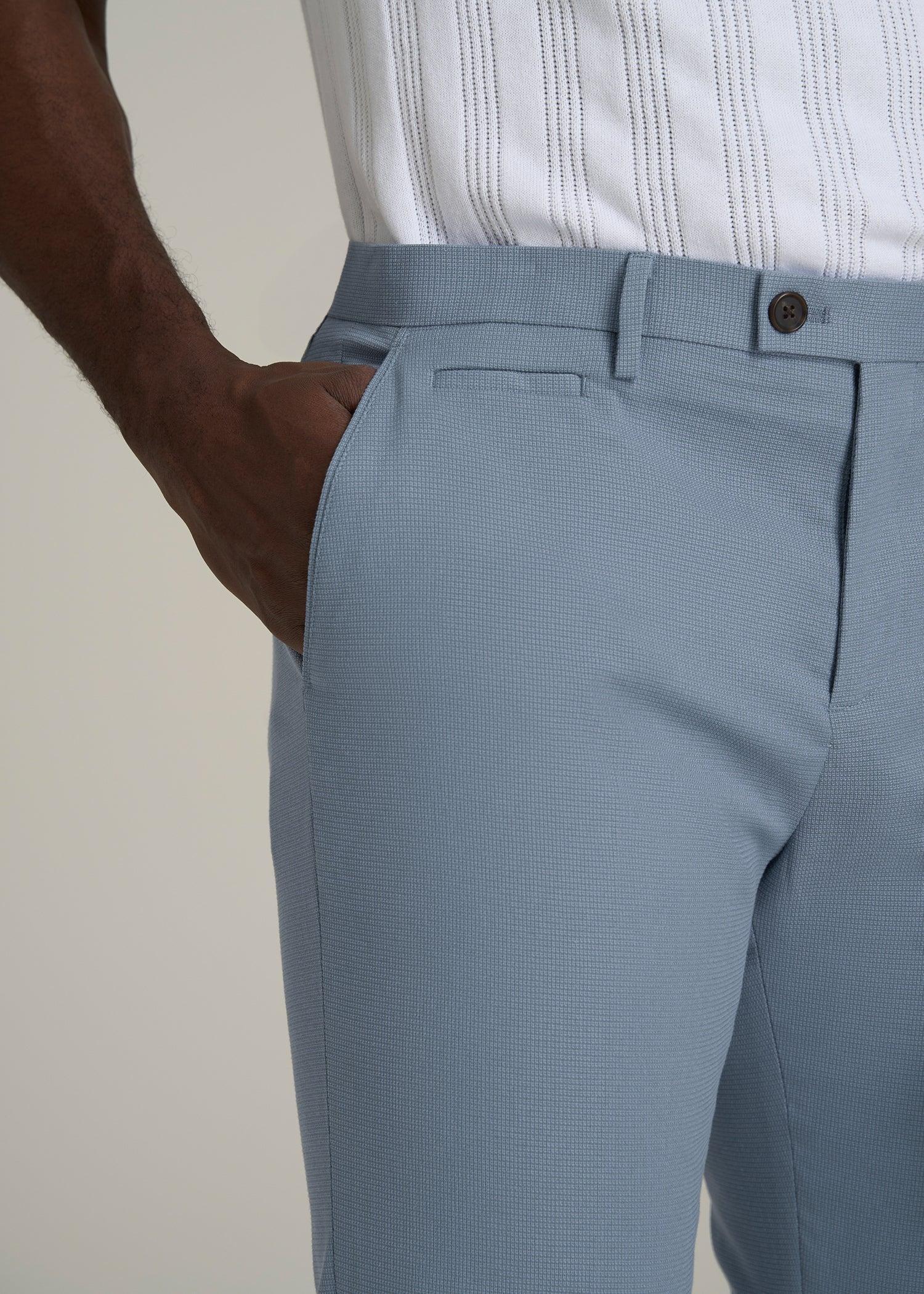 Textured Garment Washed Stretch Cotton Suit Pants for Tall Men in Chambray Product Image