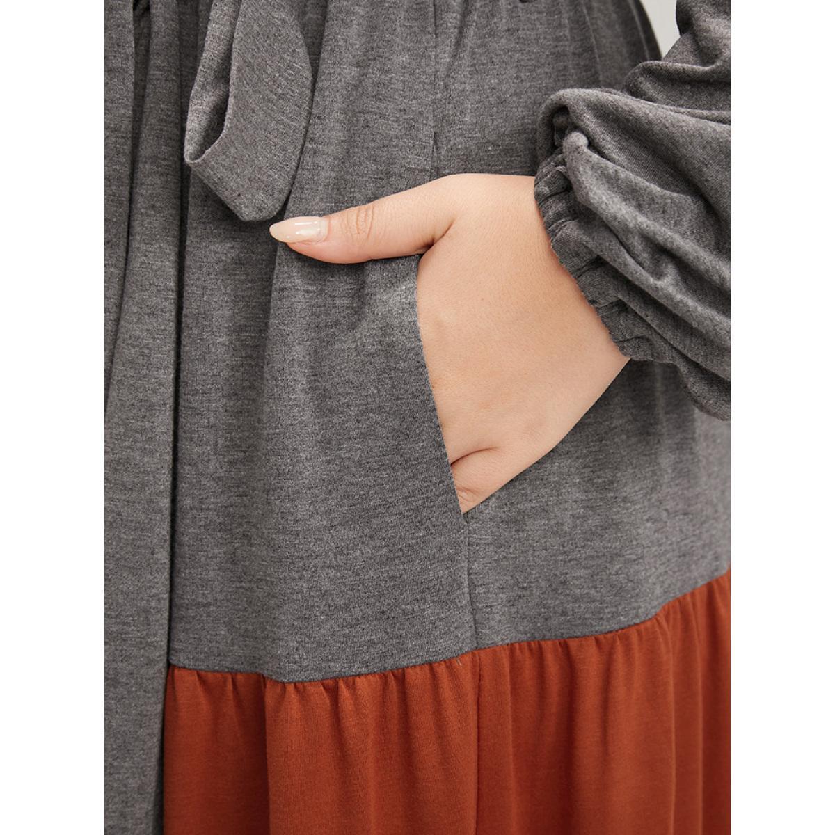 Plus Size Colorblock Contrast Pocket Wrap Belted Ruffle Tiered Dress Multicolor Women Casual Belted V-neck Long Sleeve Curvy Midi Dress BloomChic 14-16/1X Product Image