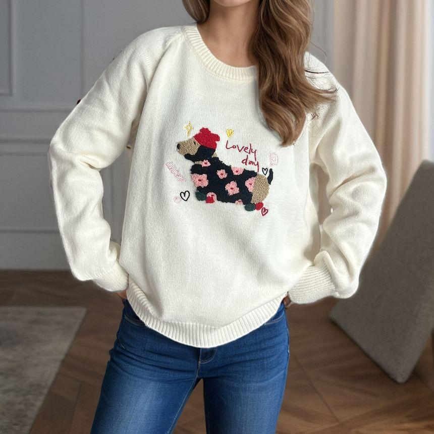 Round Neck Dog Embroidered Sweater Product Image