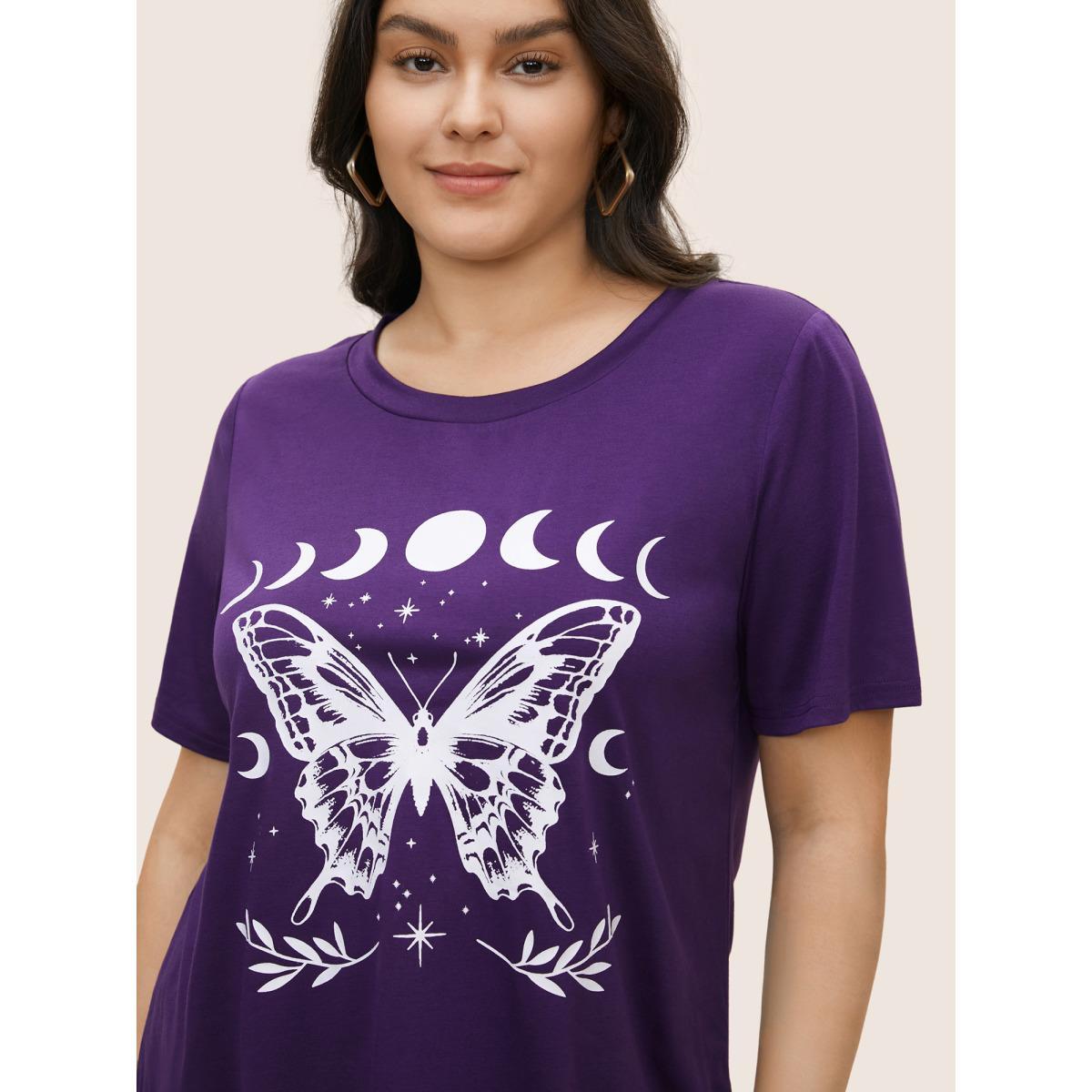 Plus Size Butterfly & Moon Print Round Neck T-shirt Eggplant Women Casual Non Star and moon Everyday T-shirts BloomChic 10/M Product Image