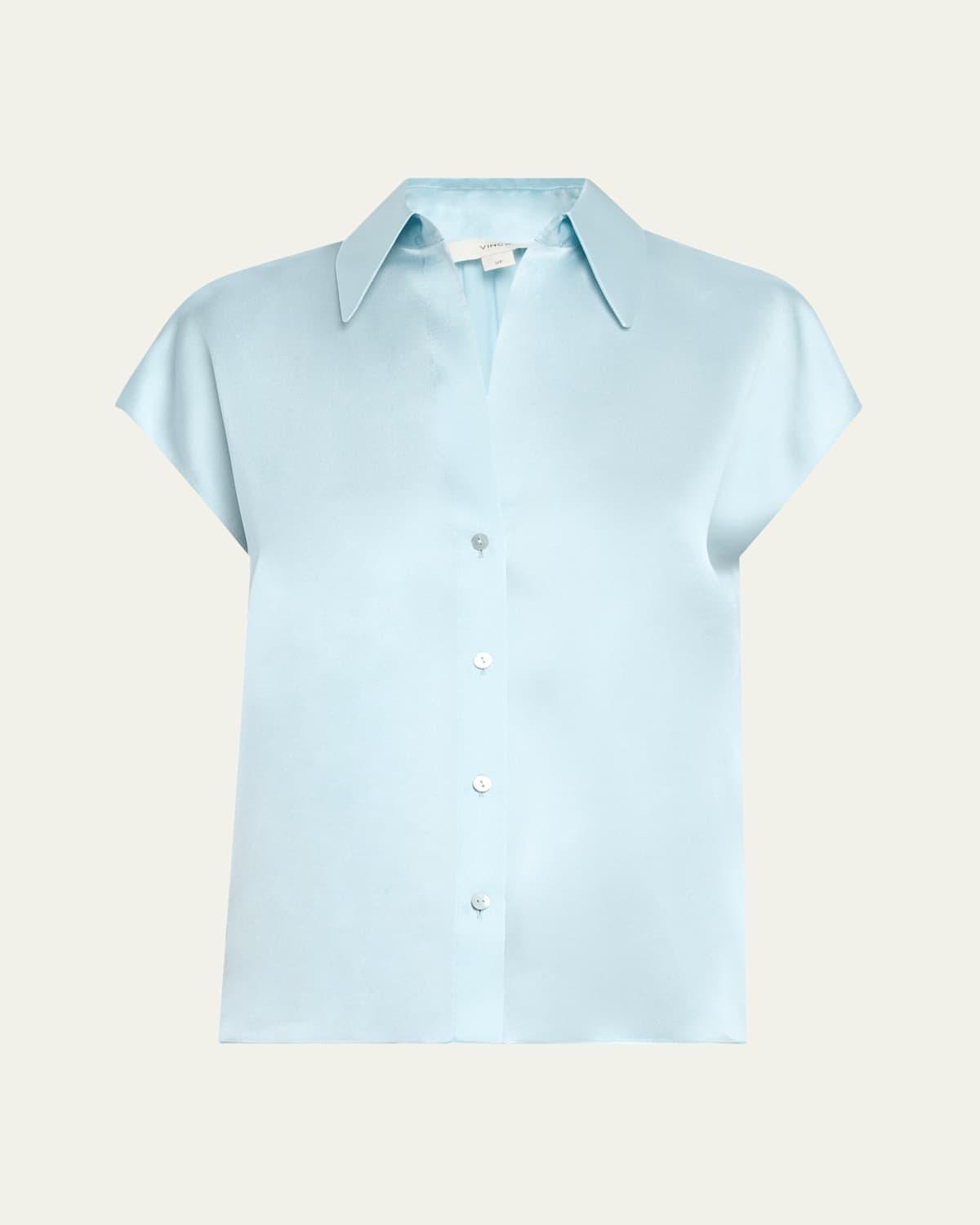 Cap-Sleeve Ruched-Back Silk Blouse Product Image