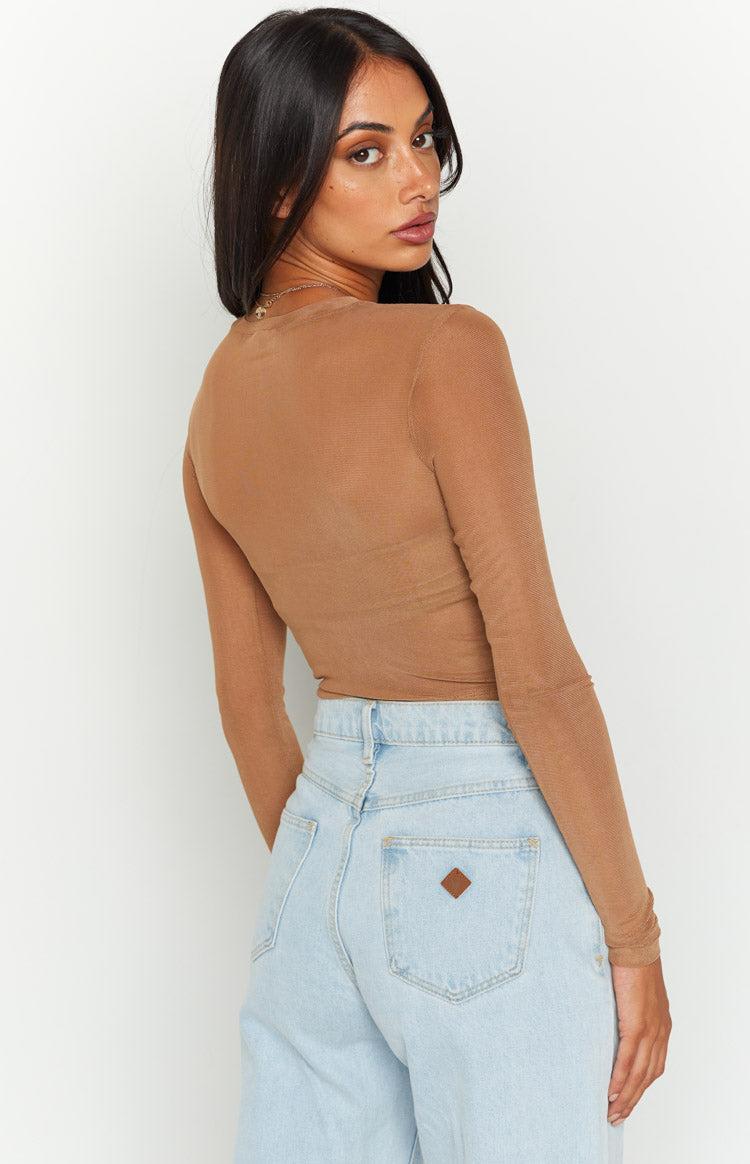 Evermore Beige Mesh Long Sleeve Top Product Image
