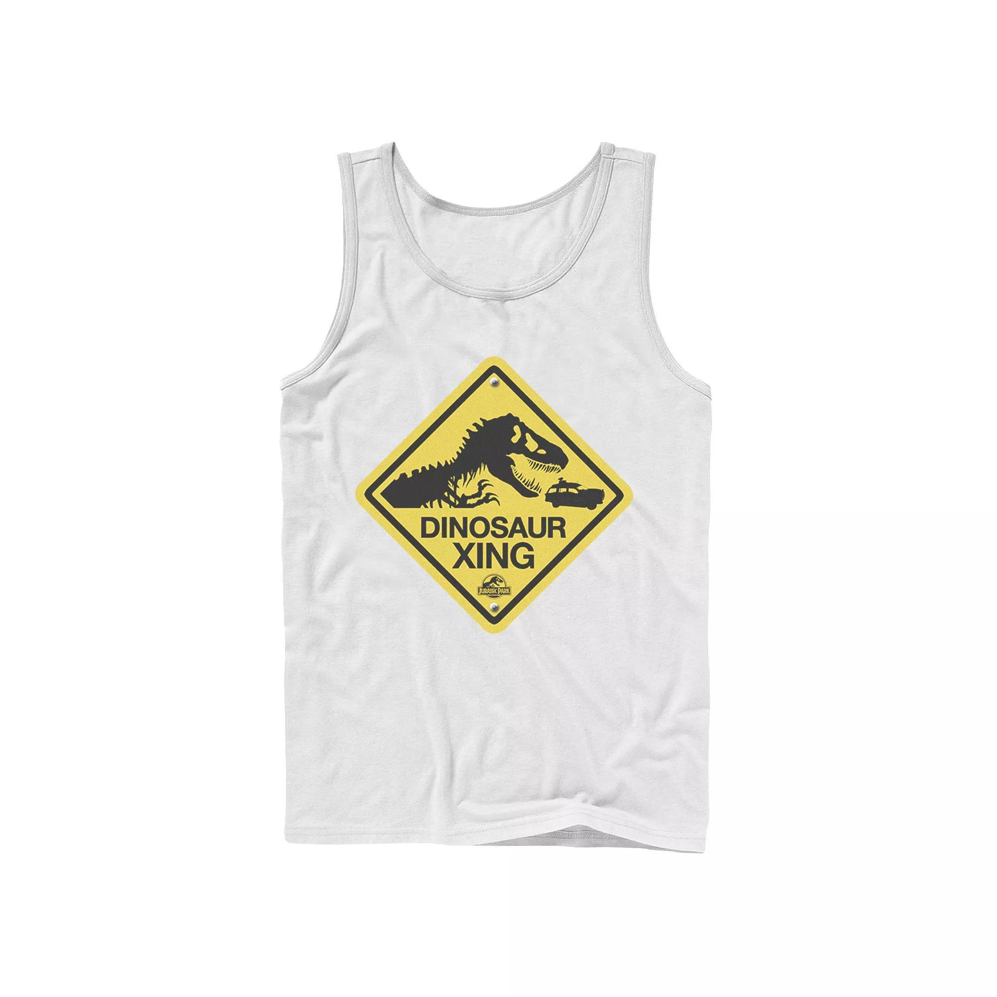 Men's Jurassic Park Dinosaur Crossing Yellow Sign Tank Top, Size: Small, Grey Product Image