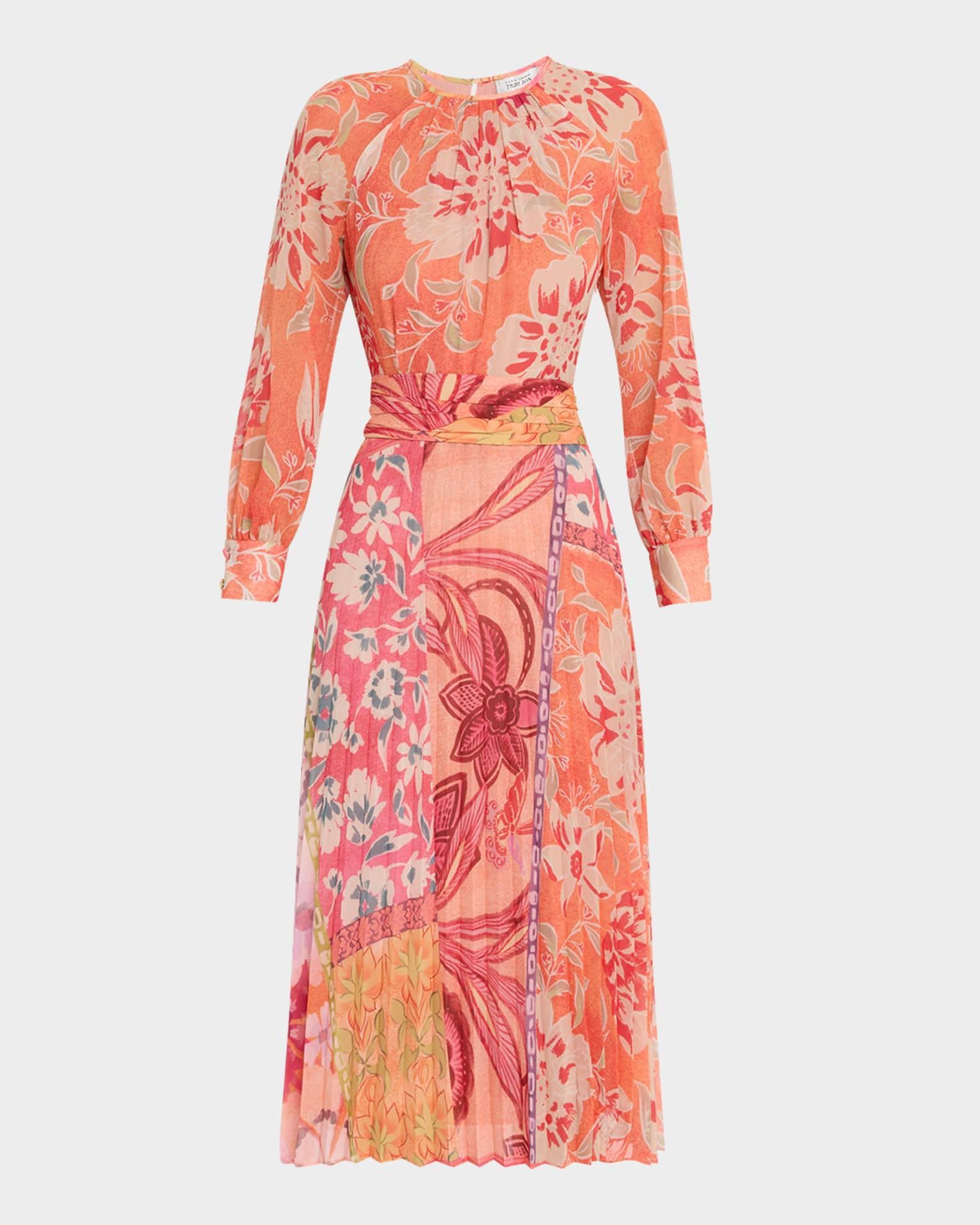 Pleated Patchwork-Print Chiffon Midi Dress Product Image