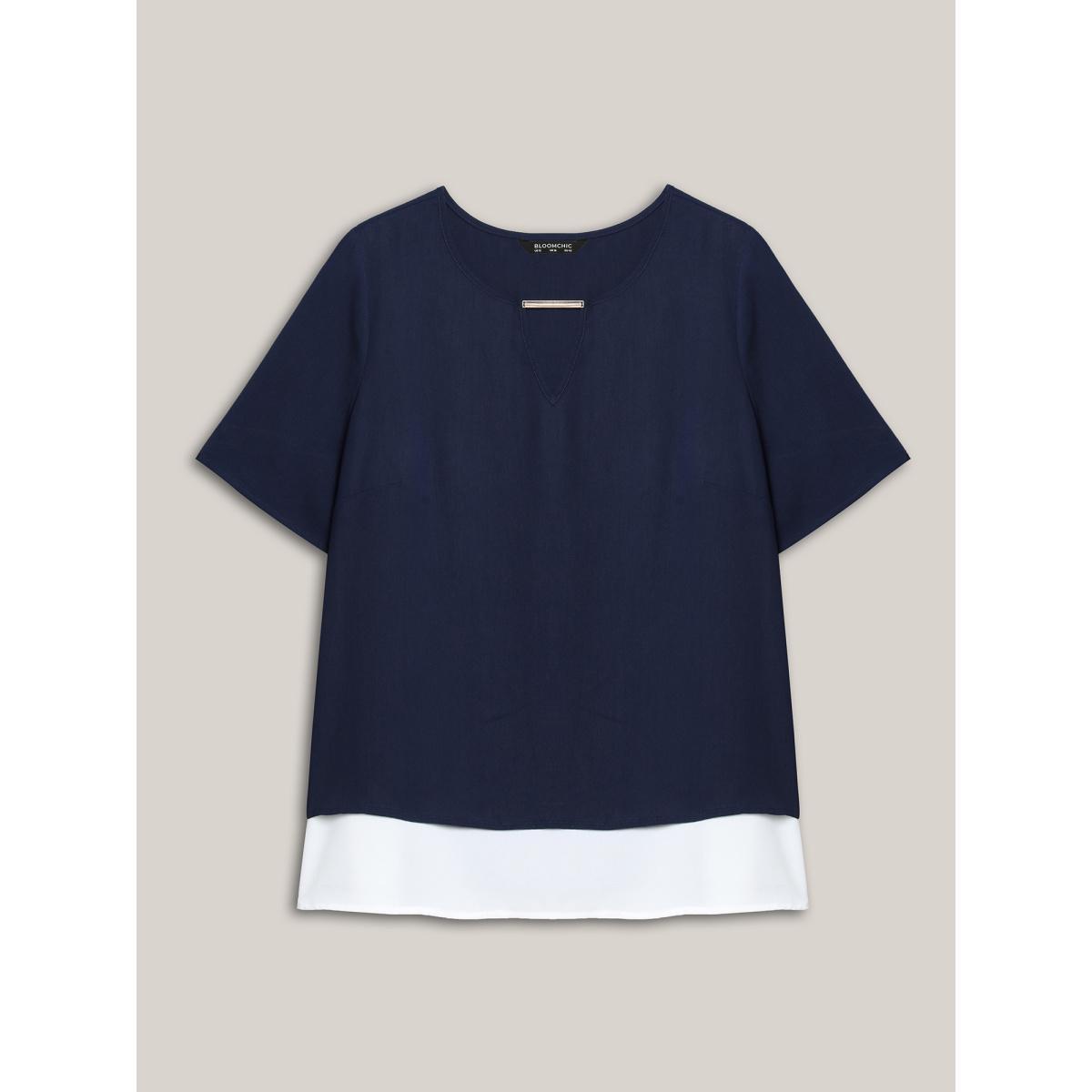 Plus Size Indigo Neck Cut-Out Color Contrast Shirt Women At the Office Short sleeve Round Neck Work Blouses BloomChic 28/5X Product Image
