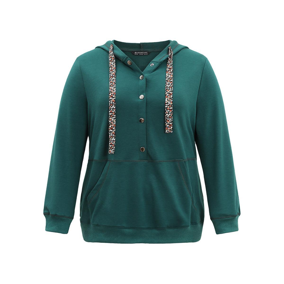 Plus Size Ditsy Floral Ties Hooded Kangaroo Pocket Sweatshirt Women Cyan Casual Contrast Hooded Dailywear Sweatshirts BloomChic 18-20/2X Product Image