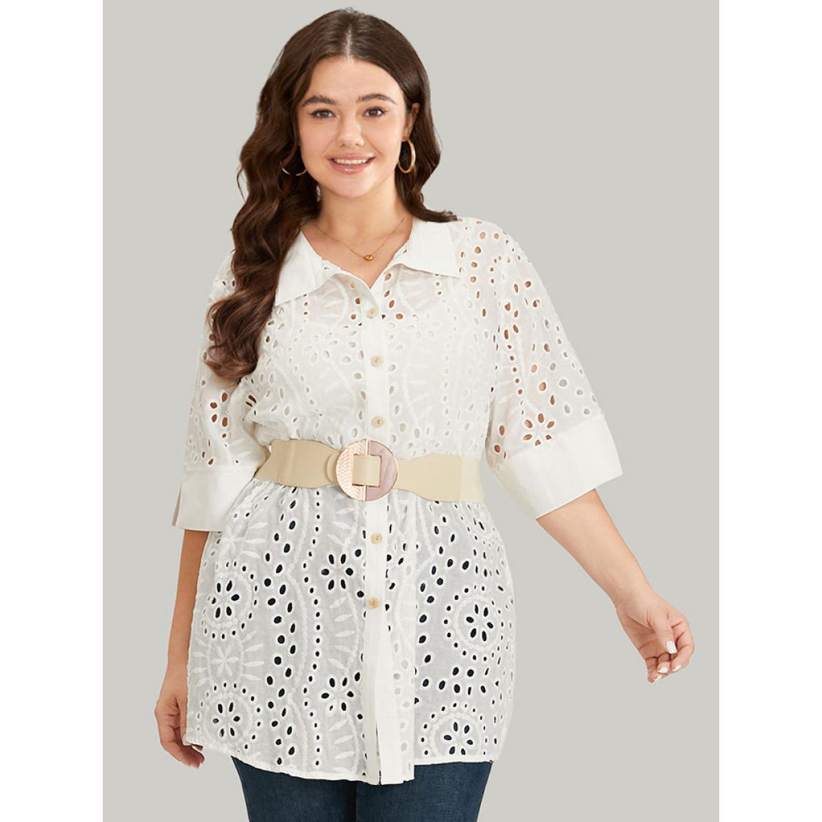 Plus Size Plain Shirt Collar Broderie Anglaise Open Front Kimono Women White Casual Patchwork Dailywear Kimonos BloomChic 12/L Product Image