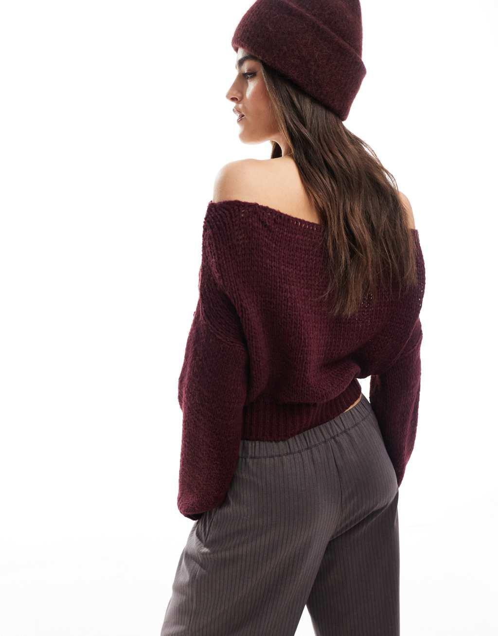 Miss Selfridge off the shoulder knitted sweater in plum Product Image