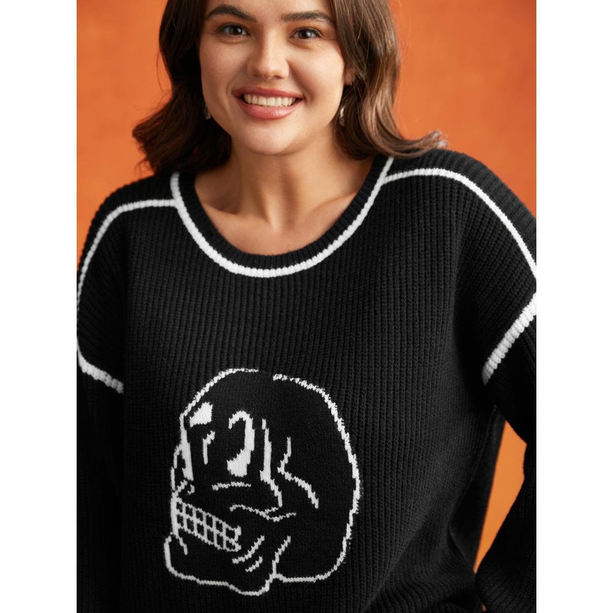Plus Size Skull Printed Balloon Sleeves Pullover Black Women Casual Loose Long Sleeve Round Neck Everyday Pullovers BloomChic 26/4X Product Image