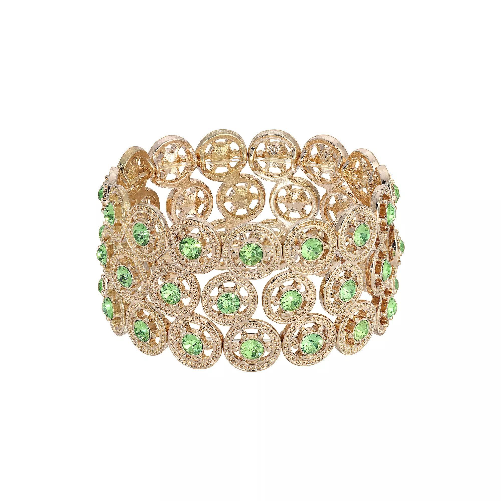 1928 Spoked Crystal Wide Stretch Bracelet, Womens, Gold Tone Green Product Image