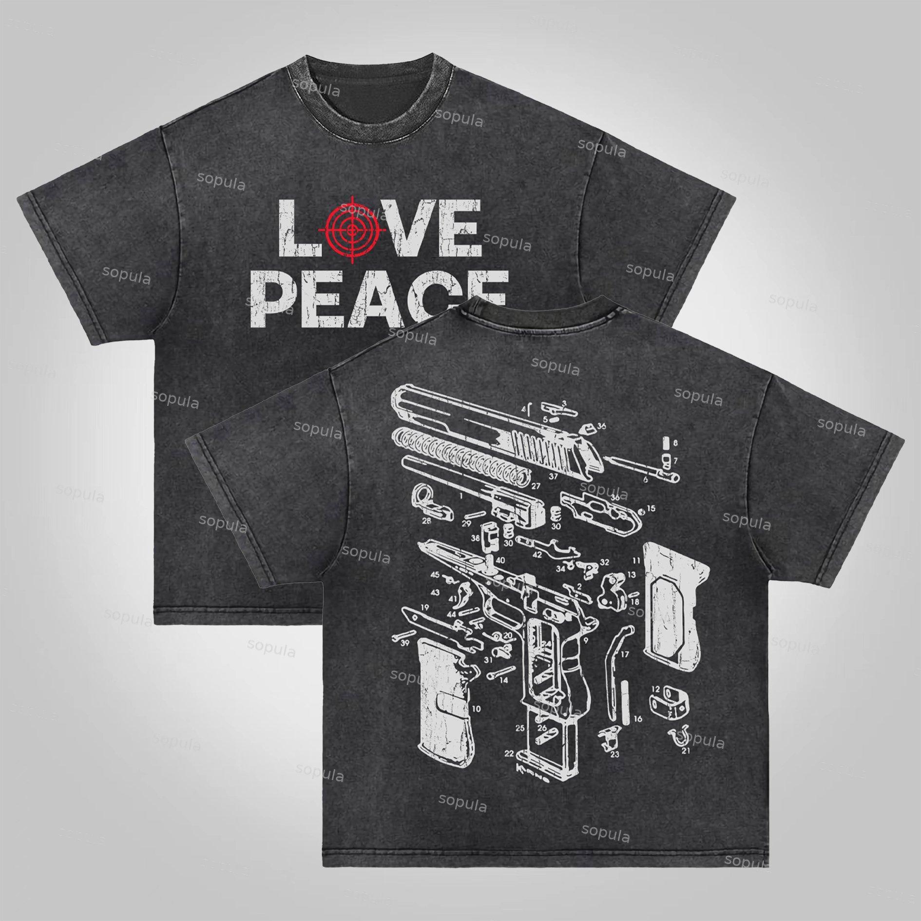 Sopula Love Peace Retro Deconstructed Gun Graphic Acid Wash T-shirt Product Image