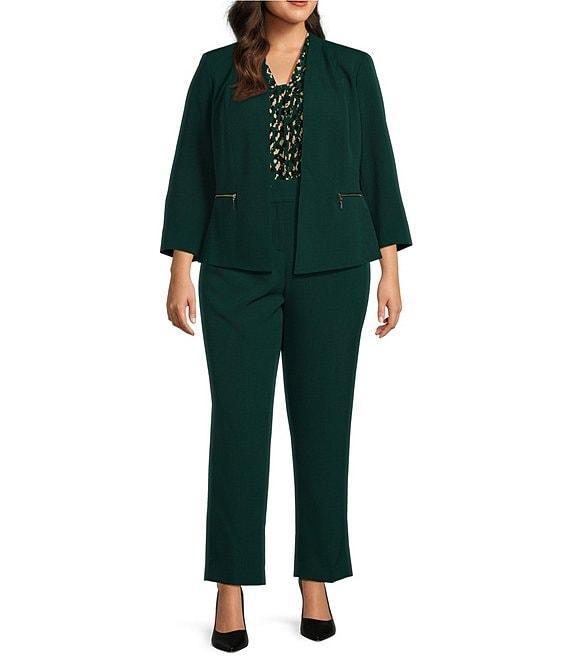 Kasper Plus Size Stretch Crepe Zipper Pocket Long Sleeve Open Front Cardigan Jacket Product Image