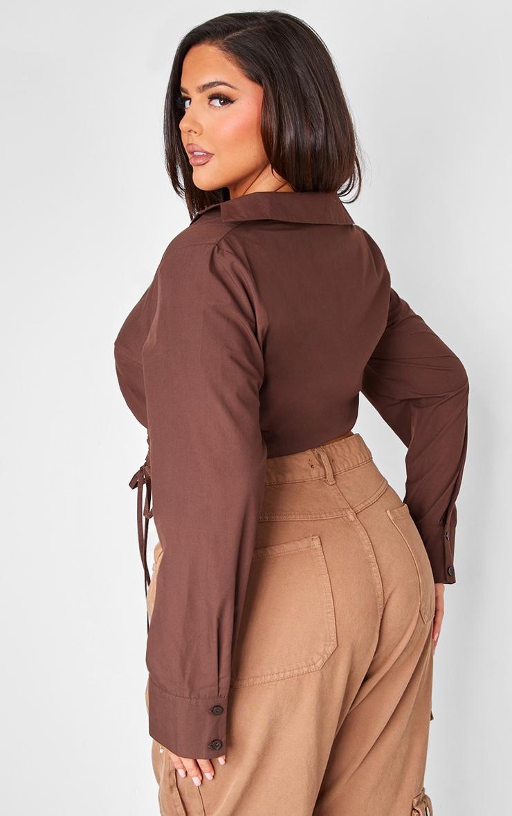 Plus Chocolate Gathered Tie Detail Long Sleeve Cropped Shirt Product Image