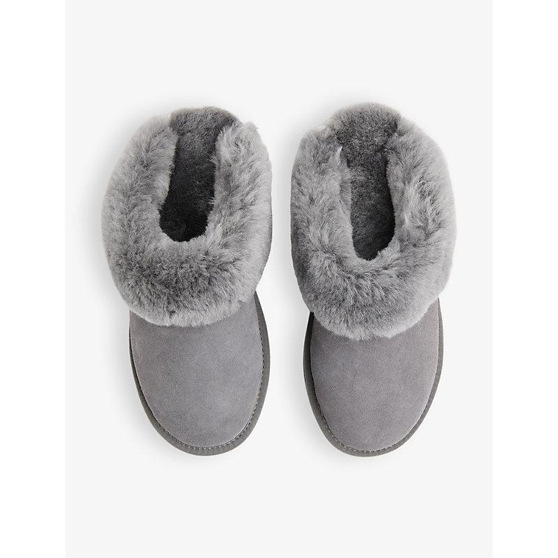 WHISTLES Womens Grey Emilia Sheepskin-cuff Suede Slippers Product Image