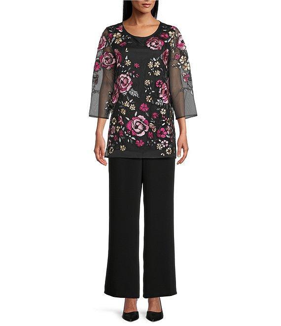 Caroline Rose Pink Rose Floral Embroidered Mesh Scoop Neck 3/4 Sleeve Tunic Product Image