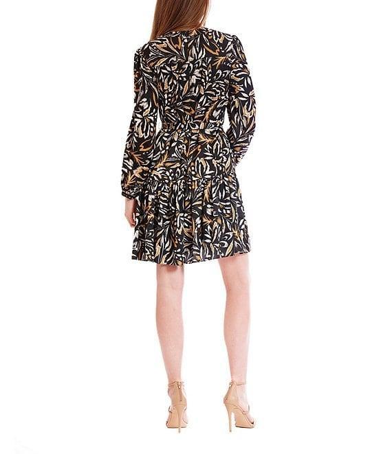 Julia Jordan Abstract Printed Satin V-Neck Long Sleeve A-Line Dress Product Image