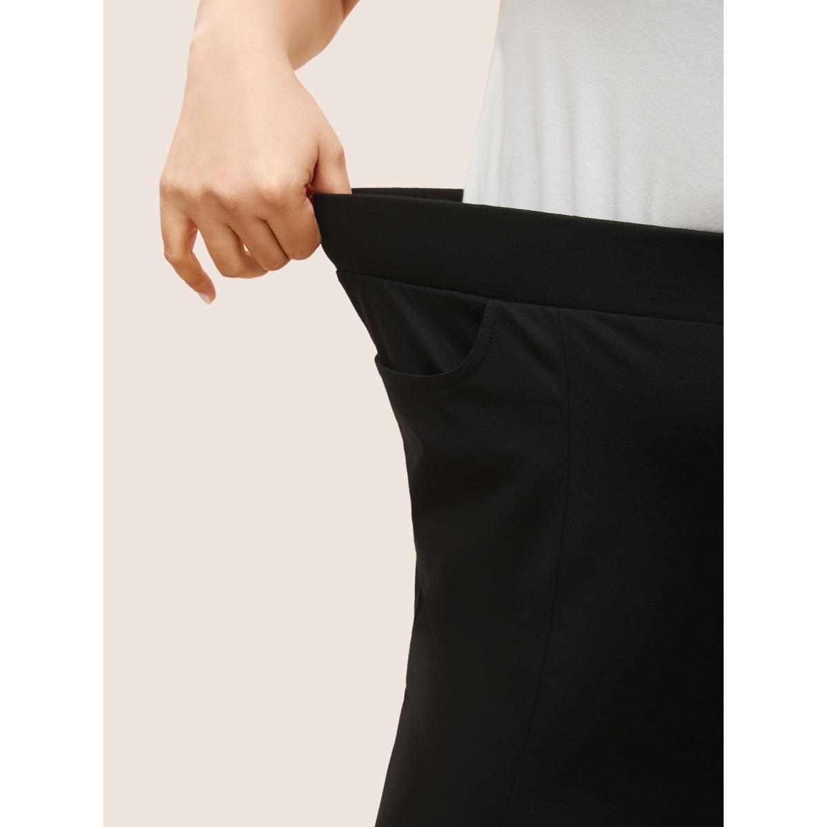 Plus Size Plain Elastic Waist High Rise Slim Pants Women Black At the Office High Rise Work Pants BloomChic 18-20/2X Product Image