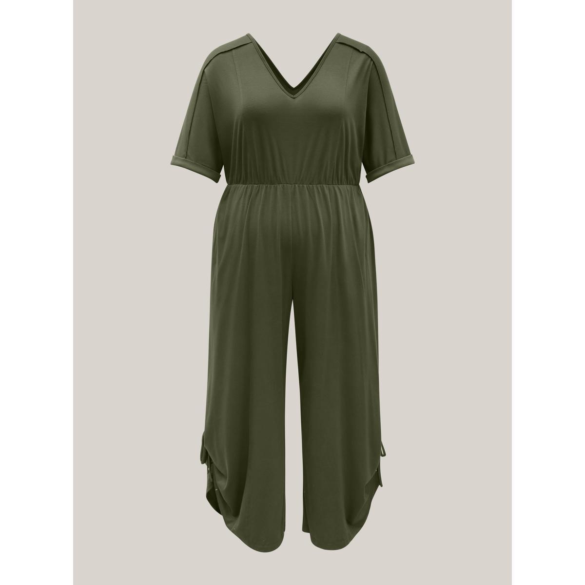 Plus Size ArmyGreen Tie-Up Hem Pull-Over Stretch Jumpsuit Women Short sleeve V-neck Vacation Loose Jumpsuits BloomChic 30/6X Product Image