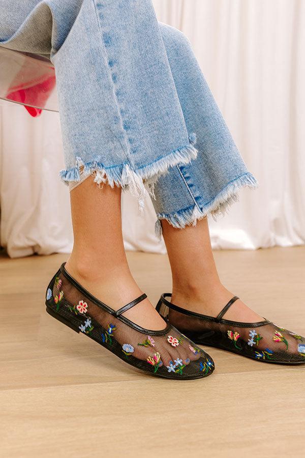 The Violet Mesh Embroidered Flats in Black Product Image