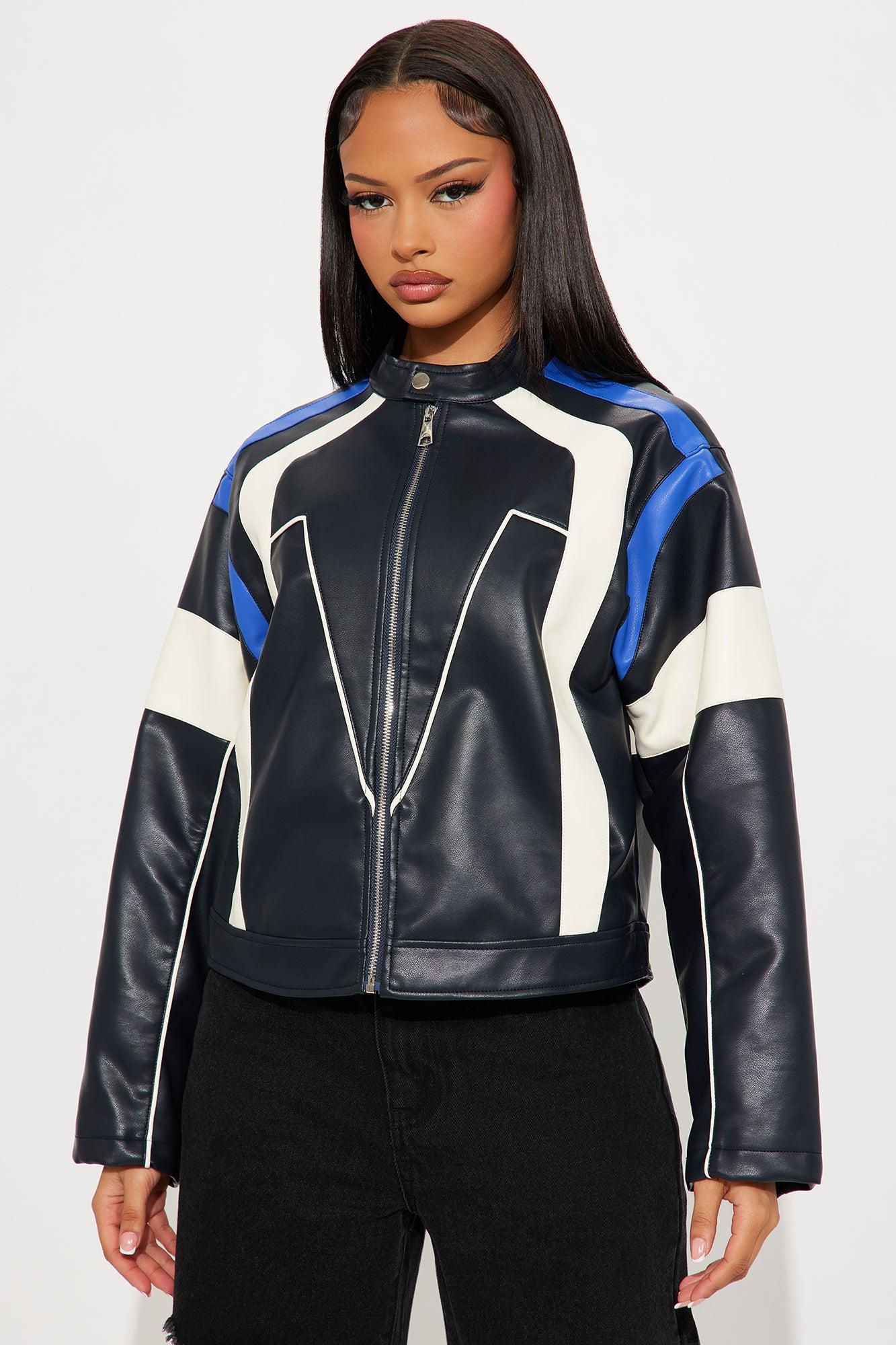 Sasha Faux Leather Moto Jacket - Royal/combo Product Image