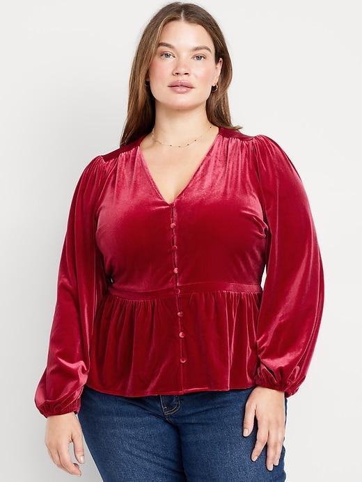 Waist-Defined Velvet Peplum Top Product Image