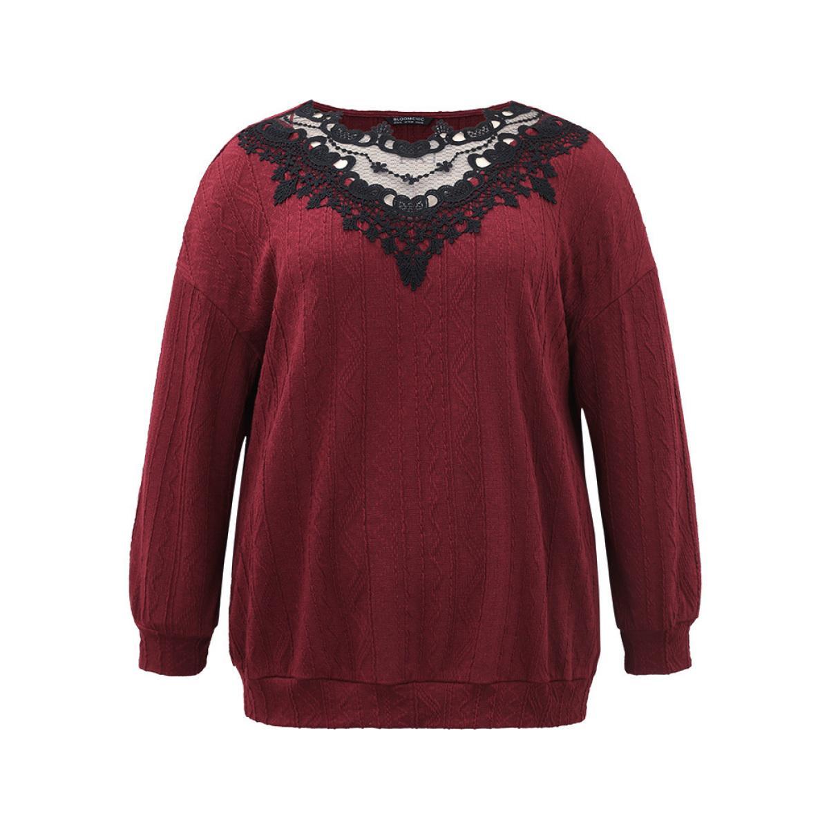 Plus Size Plain Textured Patchwork Lace Panel Sweatshirt Women Scarlet Elegant Elastic cuffs Round Neck Everyday Sweatshirts BloomChic 26/4X Product Image