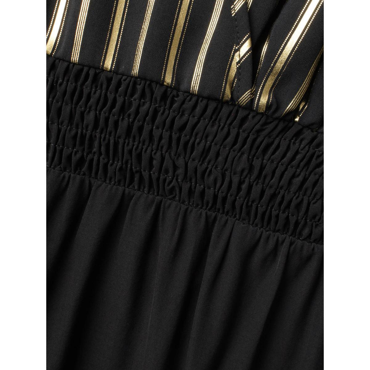 Plus Size Black Glitter Striped Patchwork Shirred Jumpsuit Women Cocktail Elbow-length sleeve Overlap Collar Party Loose Jumpsuits BloomChic 10/M Product Image
