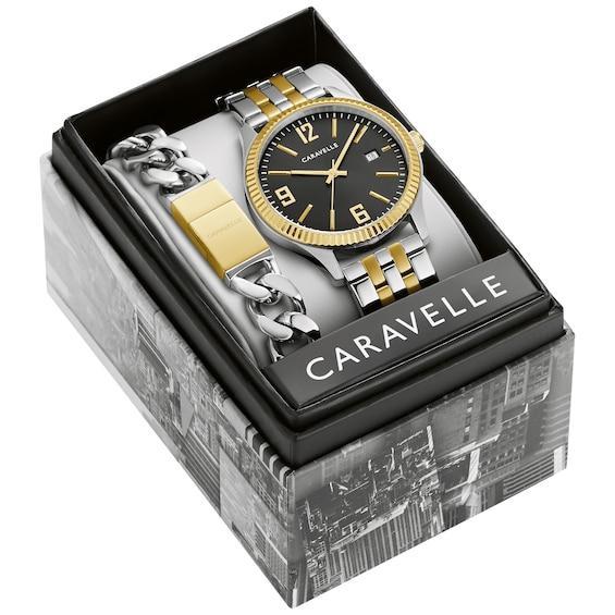 Caravelle by Bulova Mens Two-Tone Stainless Steel Black Dial Watch & Two-Tone Link Bracelet Box Set Two Tone Product Image