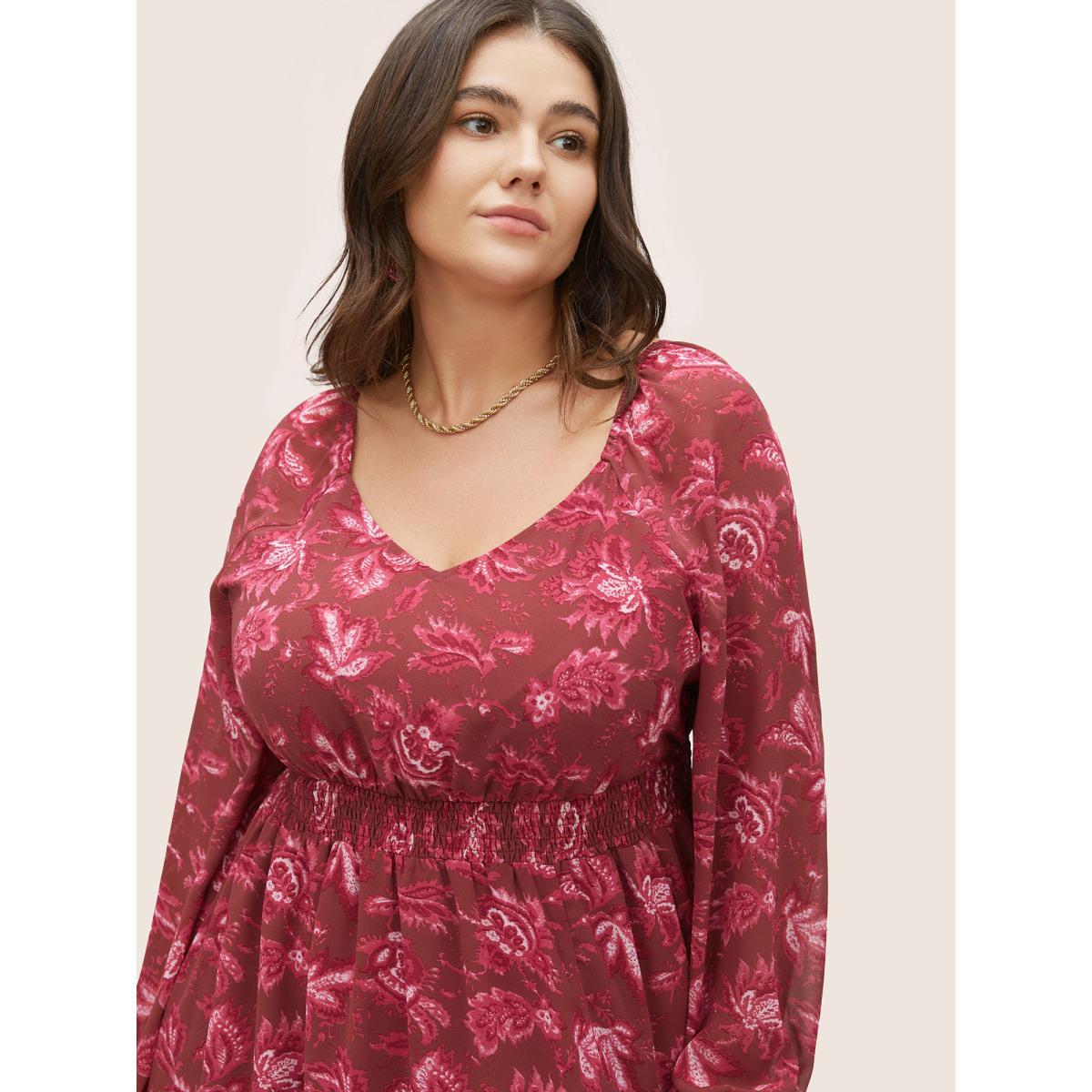 Plus Size Square Neck Floral Shirred Gathered Mesh Dress Russet Women Elegant See through Square Neck Long Sleeve Curvy Midi Dress BloomChic 28/5X Product Image
