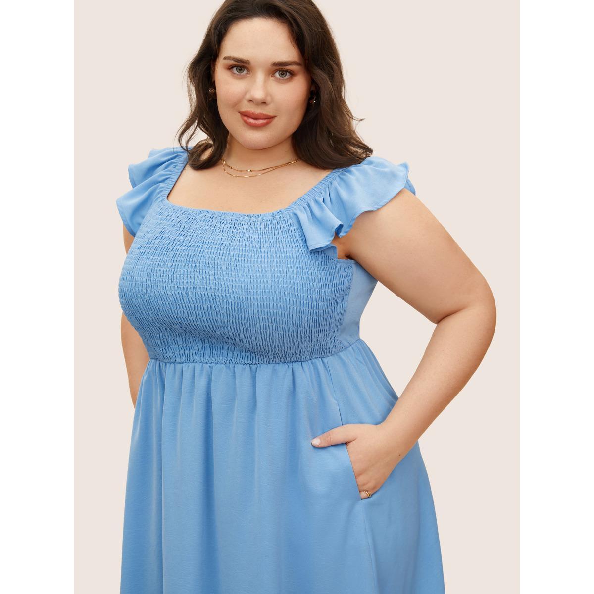 Plus Size Square Neck Solid Ruffles Shirred Dress LightBlue Women Elegant Shirred Square Neck Cap Sleeve Curvy BloomChic 12/L Product Image